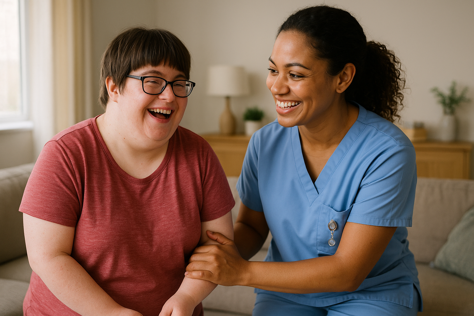 Nurse supporting an adult with developmental disabilities at home